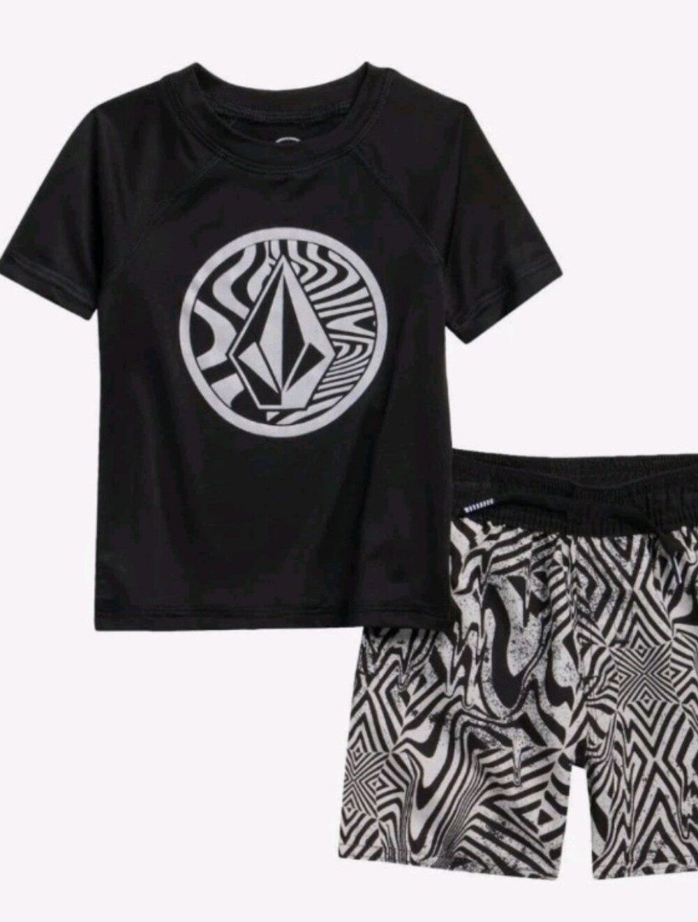 Volcom Black & White Rashguard Top & Swim Short Set
